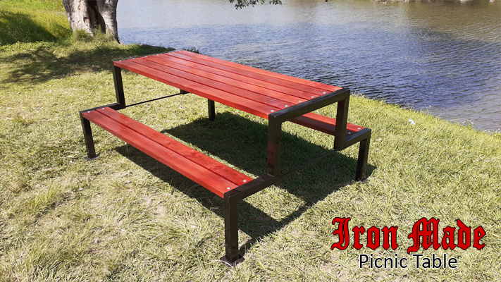 Picnic Bench. Galvanised and Painted Steel Frame, Stained and Oiled Pine Slats