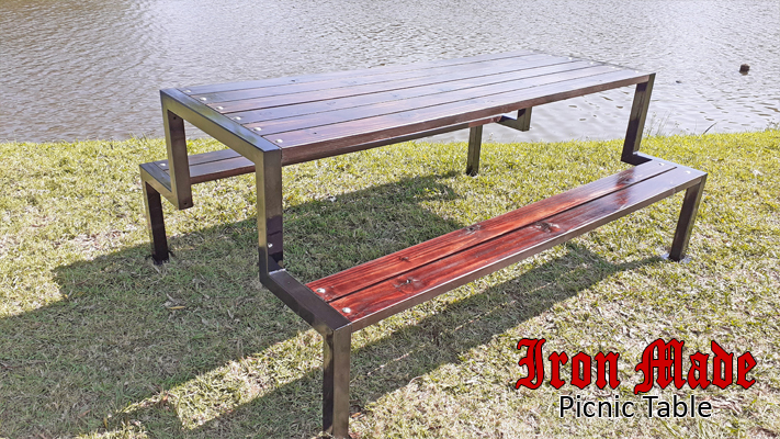 Picnic Bench. Galvanised and Painted Steel Frame, Stained and Oiled Pine Slats